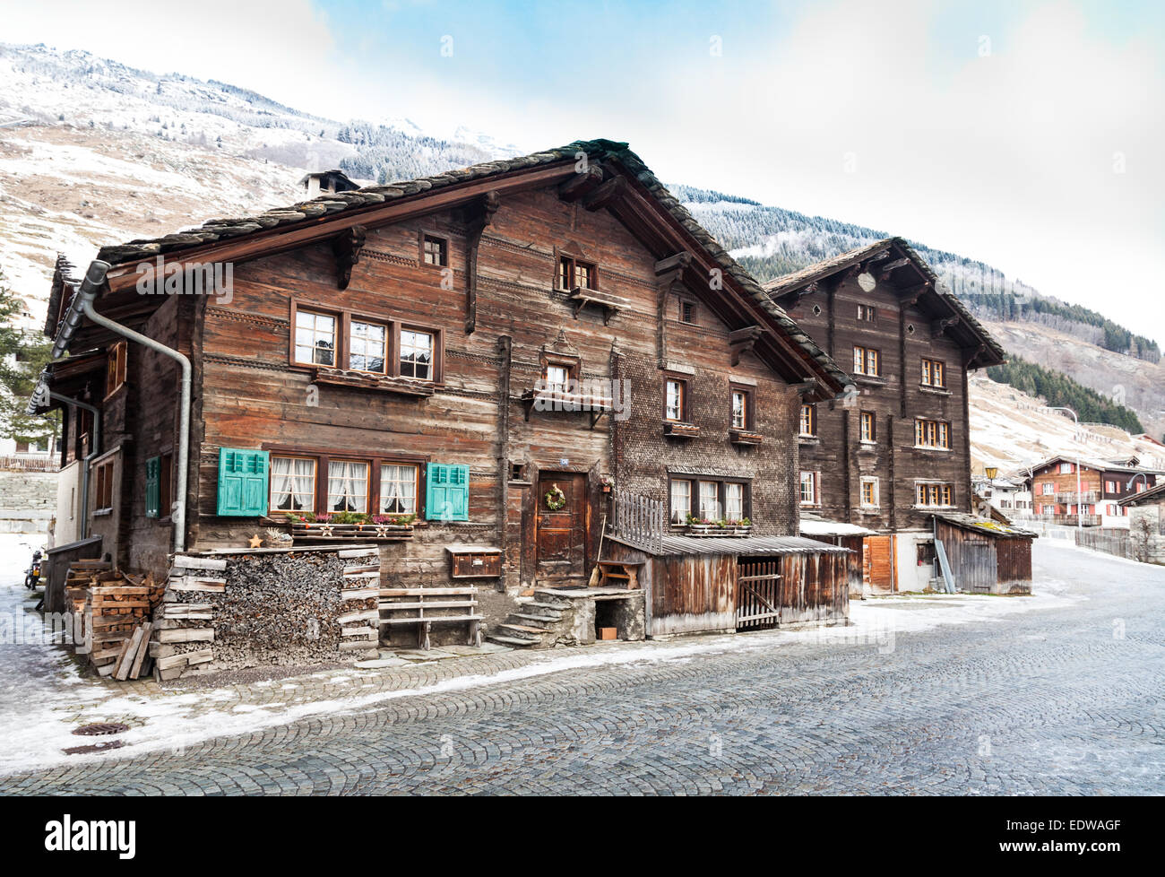 Traditionelle Holzhäuser in Vals, Schweiz Stockfoto
