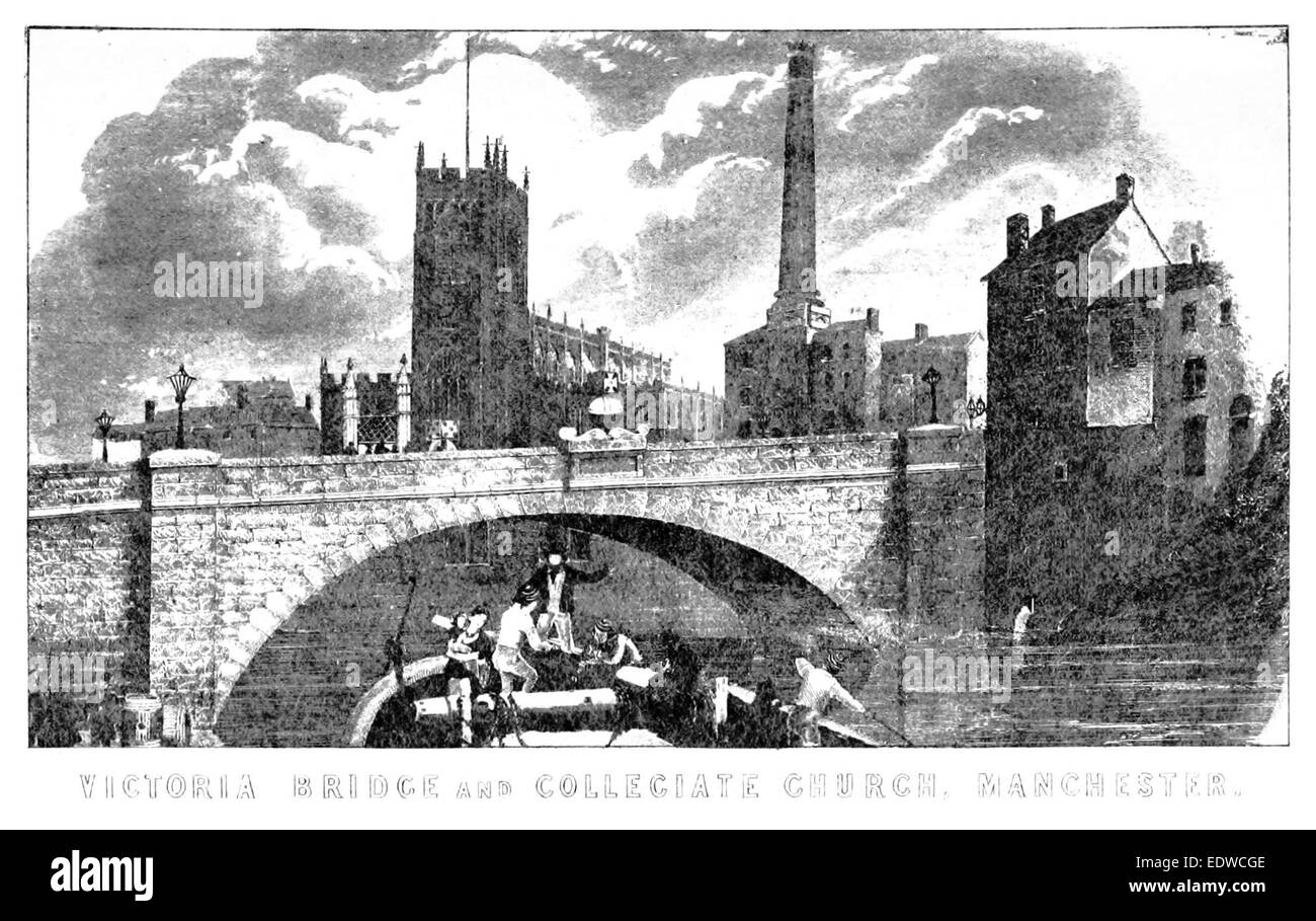 Diese Zeichnung von Bradshaw aus dem Jahr 1854 zeigt die Victoria Bridge und die Collegiate Church in Manchester, England. Die Illustration zeigt die architektonischen Merkmale der Brücke und der Kirche, beides wichtige Wahrzeichen in der Geschichte der Stadt. Stockfoto