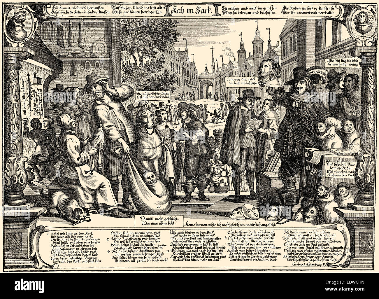 Satire über Heirat aus dem 18. Jahrhundert, kaufen ein Schwein in einem poke Stockfoto