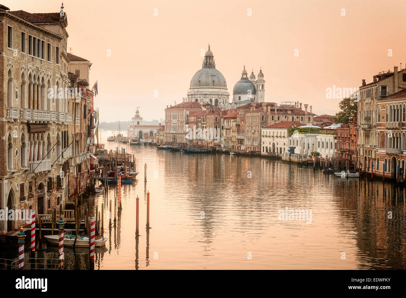 Klassische Italien - Inbegriff italienischen Stadt Landschaft - Canal Grande Venedig, Santa Maria della Salute in Dorsoduro im Morgenlicht Stockfoto