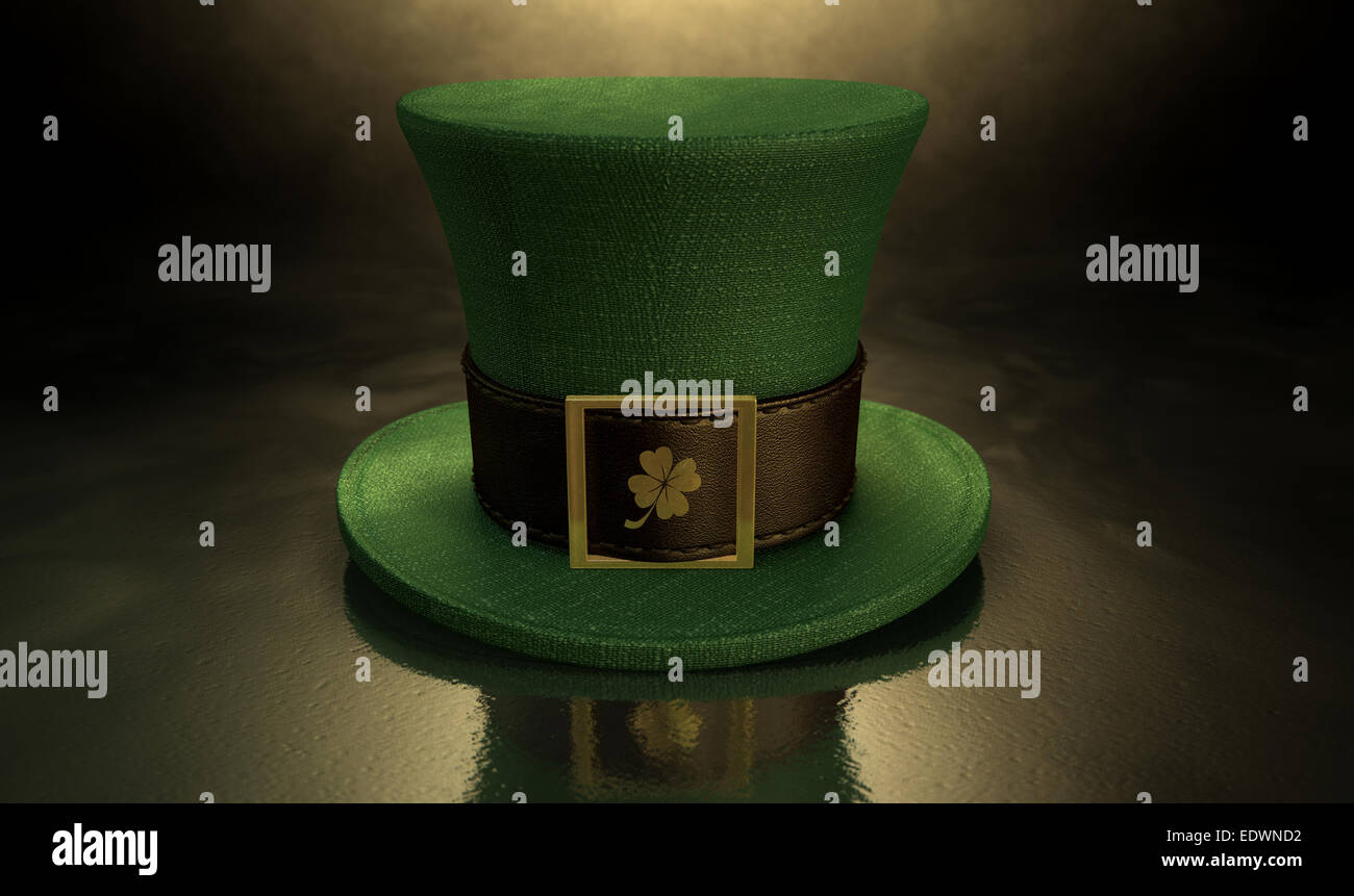 Einen grünen Material Kobold Hut mit einem braunem Leder Band Emblazened mit einem goldenen Kleeblatt und Schnalle auf einem dunklen vielfarbig Zeitmessung Stockfoto