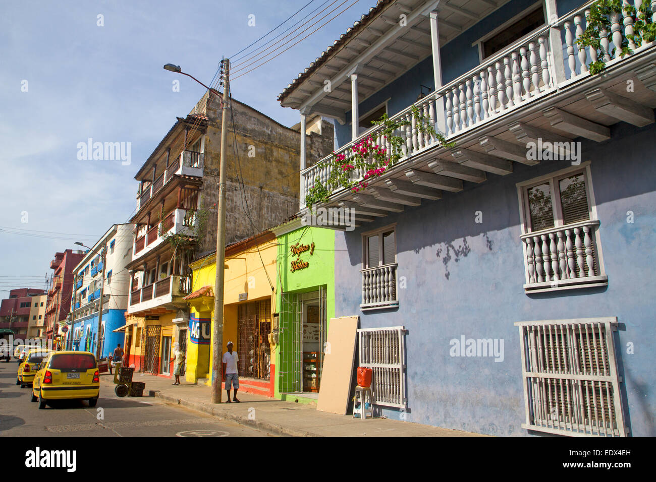Farbenfrohe Gebäude in Cartagena Getsemani Bezirk Stockfoto