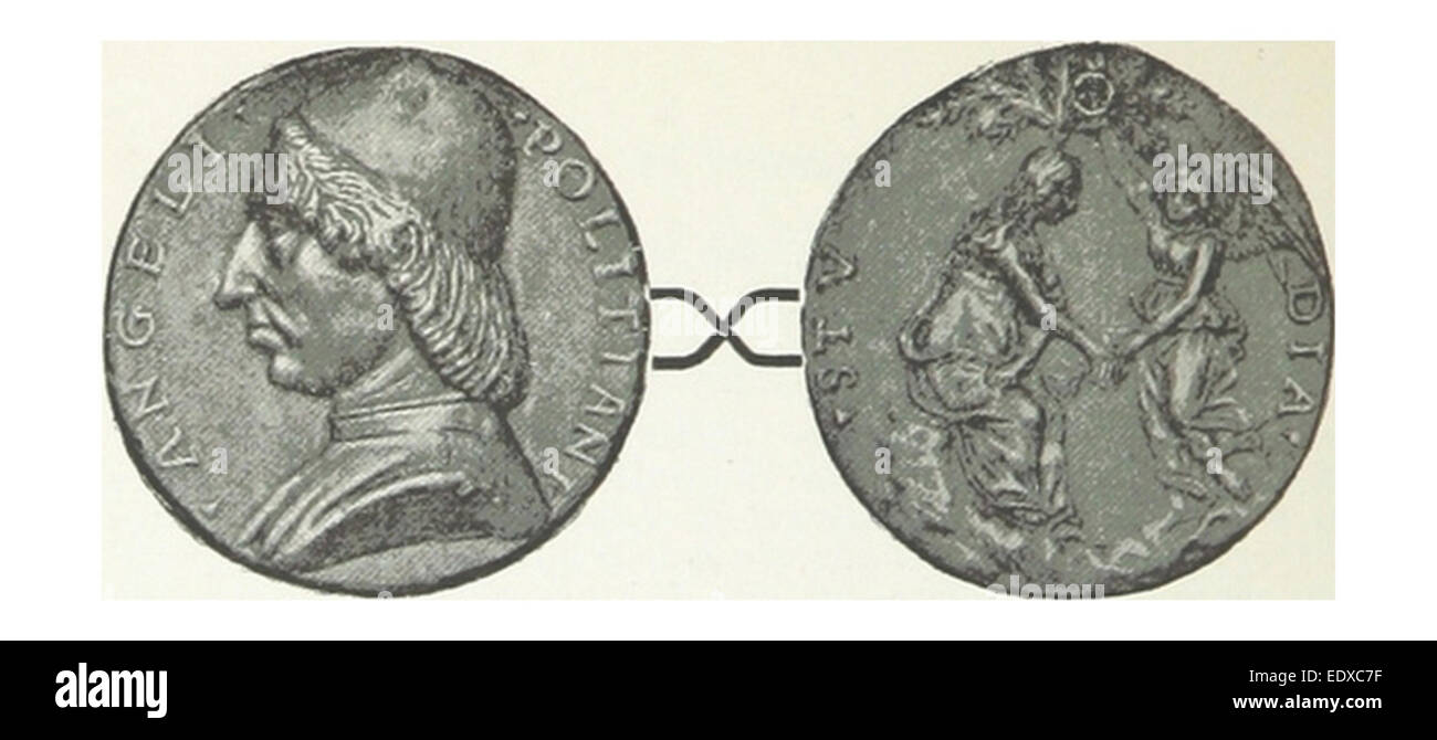 Eine Illustration aus Lungo aus dem Jahr 1897, die eine Medaille des italienischen Humanisten und Dichters Angelo Poliziano darstellt. Das Bild unterstreicht die historische Bedeutung des Einflusses Polizianos in der Renaissance. Stockfoto