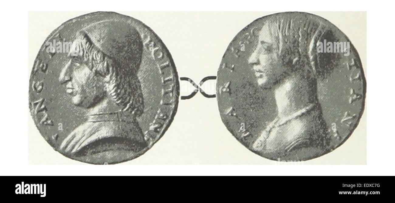 Eine Darstellung der Medaille aus dem Jahr 1897 zum Gedenken an Angelo Poliziano, einen italienischen Humanisten und Gelehrten. Die Abbildung zeigt das Design und die Bedeutung der Medaille als Teil der historischen Anerkennung von Polizianos Beiträgen. Stockfoto