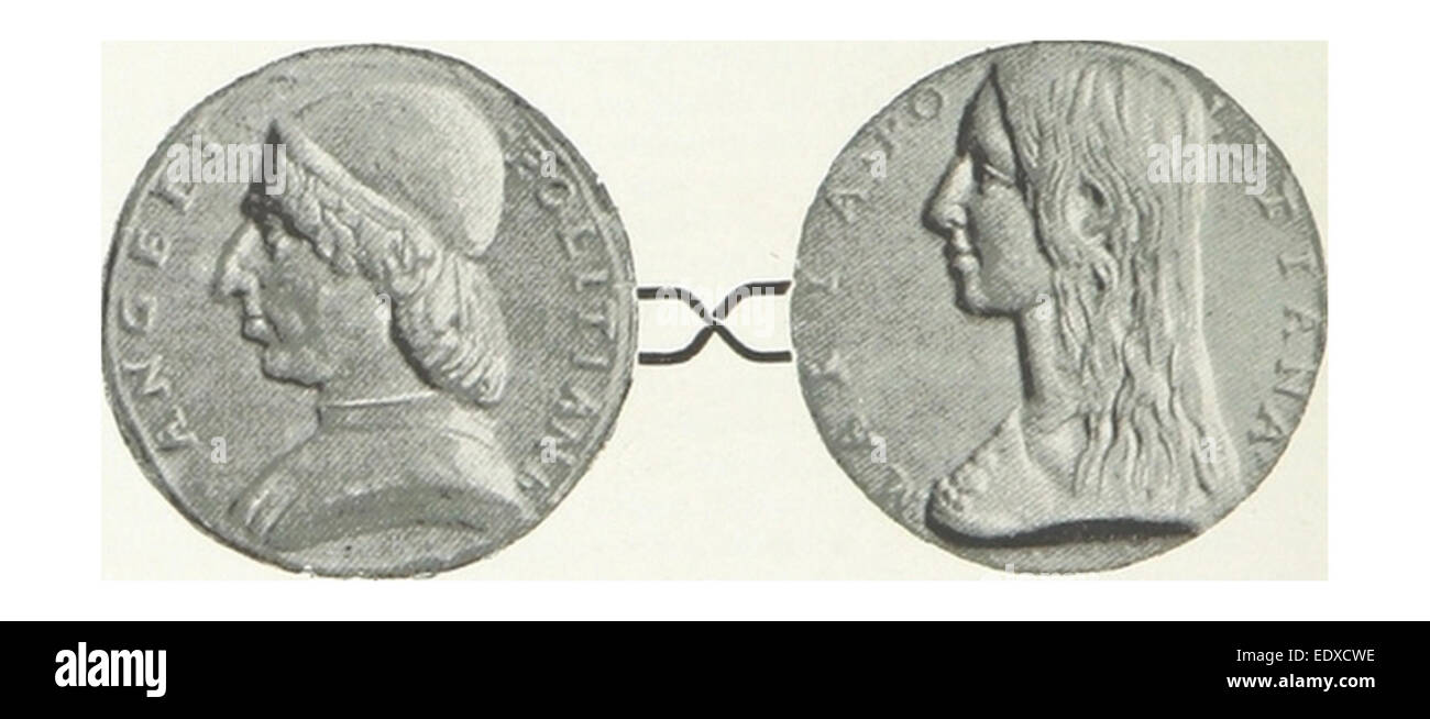 Diese Illustration von Lungo aus dem Jahr 1897 zeigt die Medaille von Angelo Poliziano, einer bedeutenden Figur im italienischen Renaissance. Poliziano war bekannt für seine Beiträge zur Literatur und zum Humanismus. Die Medaille erinnert an seinen Einfluss in den kulturellen und intellektuellen Kreisen der Zeit. Stockfoto