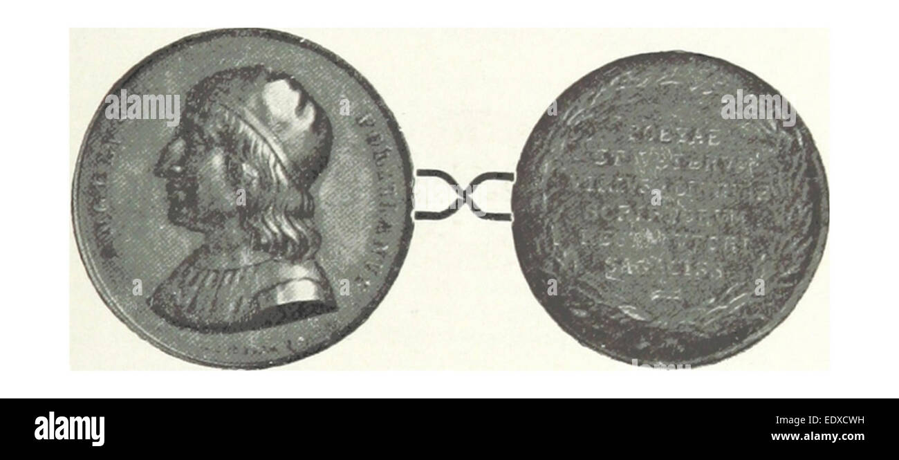 Eine Illustration von *Lungo* aus dem Jahr 1897 mit der Medaille von Angelo Poliziano, einer wichtigen Figur im italienischen Renaissance. Die Zeichnung zeigt das komplizierte Design der Medaille und erinnert an Polizianos Beiträge zur Literatur und zum Humanismus. Stockfoto