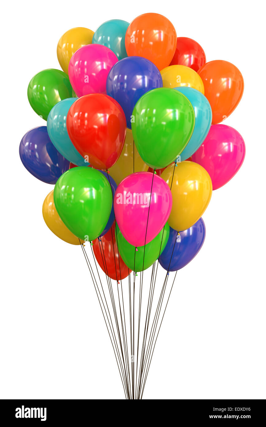 Ballons fliegen gefangen durch Drähte auf weißem Hintergrund. Clipping-Pfad enthalten. Stockfoto