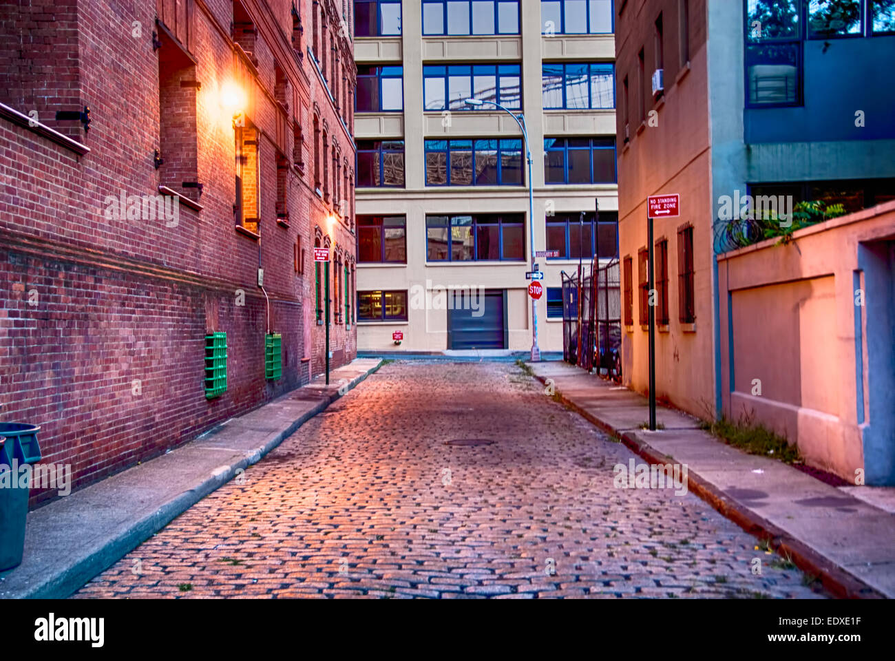 Leere Cobble Stone Street in Brooklyn Stockfoto