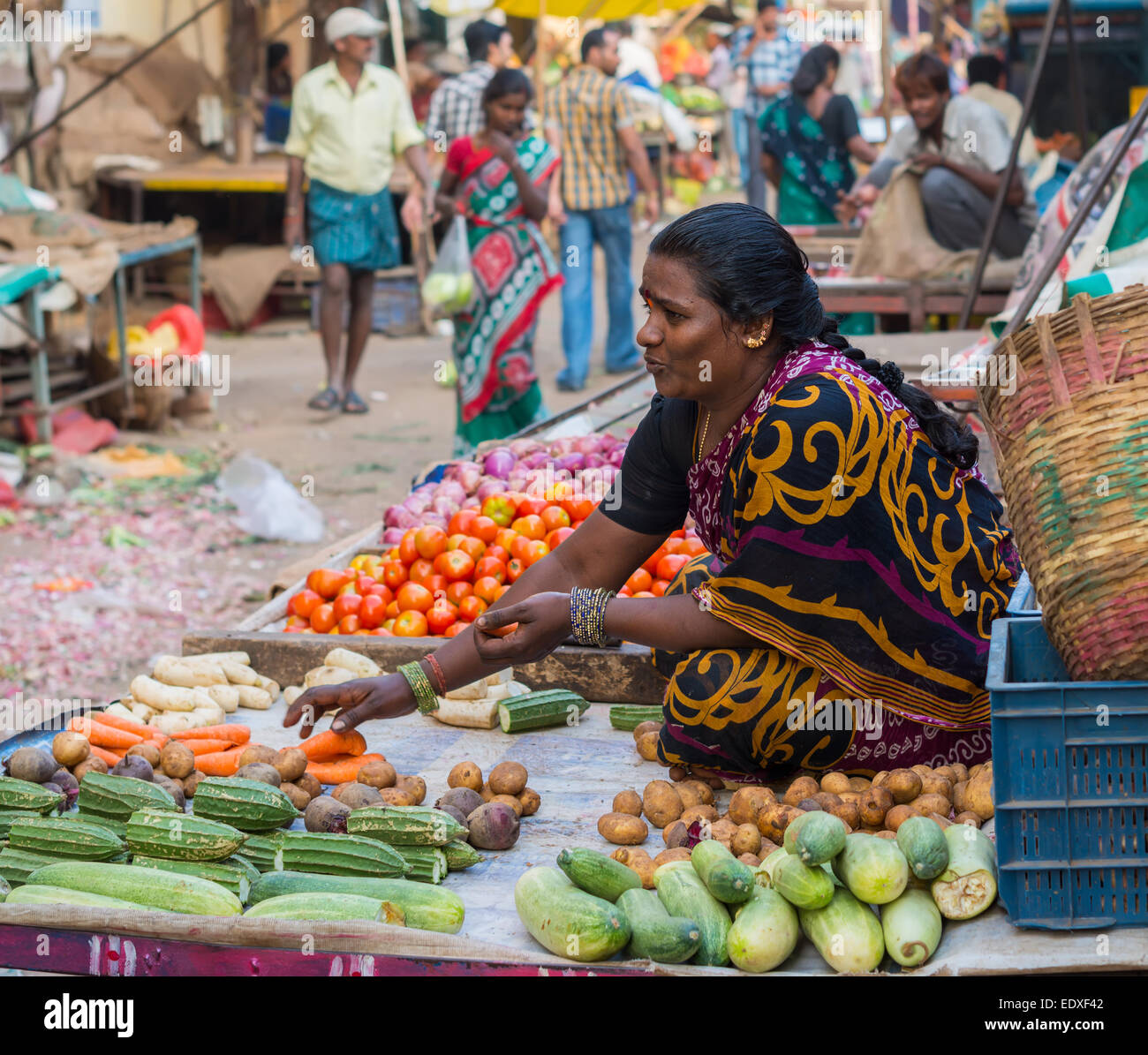 CHENNAI, Indien - Februar 10: Ein nicht identifiziertes verkauft die Frau Gemüse am 10. Februar 2013 in Chennai, Indien. Frische vegetabl Stockfoto