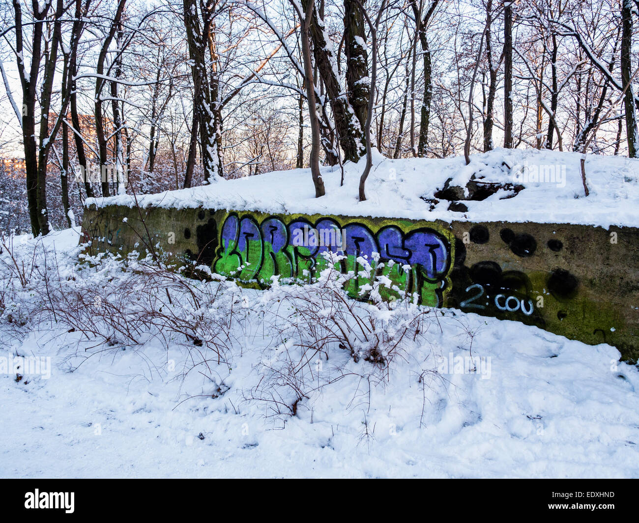 Graffiti bedeckt Betonkonstruktion und schneebedeckte Bäume im öffentlichen Park, Humbolthain Volkspark im Brunnenviertel, Berlin Stockfoto