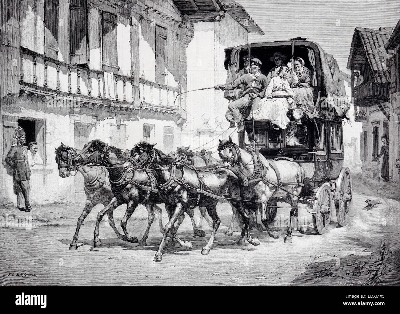 Auf die Pyrenäen - Ankunft der Diligence, einen Kupferstich von Frederick Arthur Bridgman (1847-1928) von "The Graphic" Stockfoto