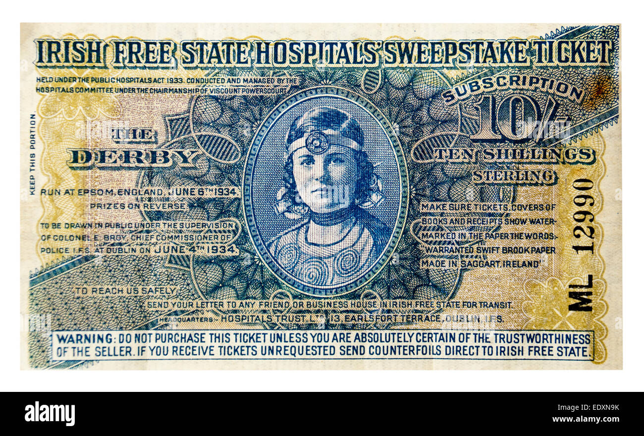 Irische Freiplatzregelung staatlichen Krankenhäusern Gewinnspiel für das Derby in Epsom am 6. Juni 1934. Stockfoto
