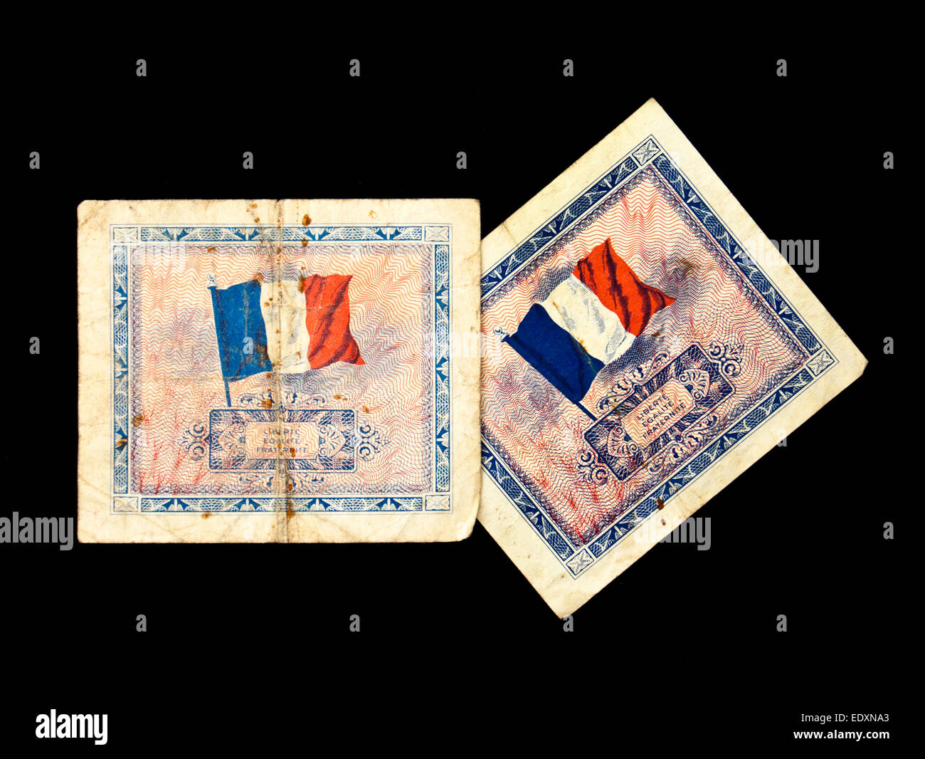 Vintage French WW2 Banknote (5-Franken) ausgestellt von der Alliierten Militärregierung für die besetzten Gebiete (morgens) 1944 Stockfoto