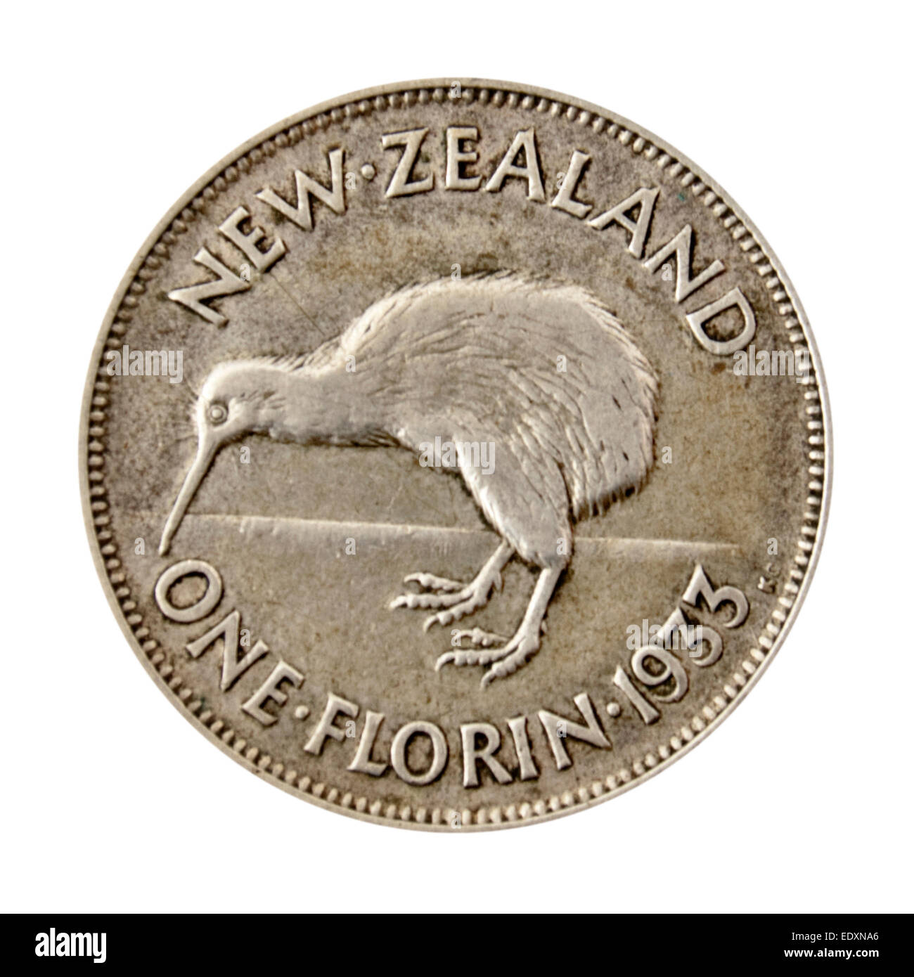 Jahrgang 1933 "ein Florin' (2 Shillings) New Zealand Münze, mit der Kiwi-Vogel auf der Rückseite Stockfoto