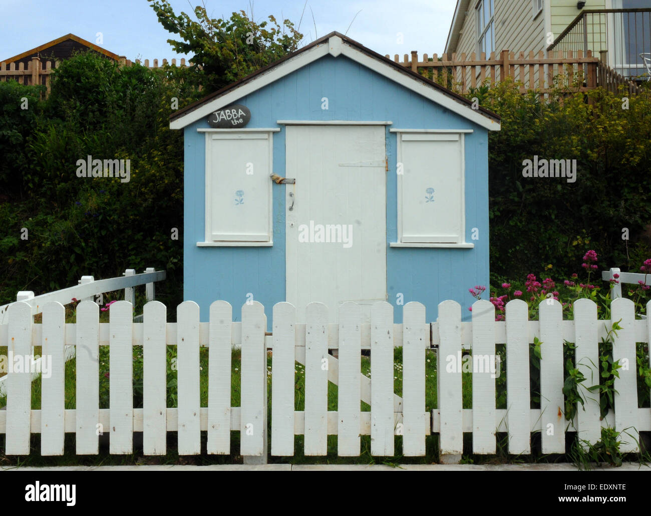 STRANDHÜTTE AUF WESTWARD HOE, NORD-DEVON Stockfoto