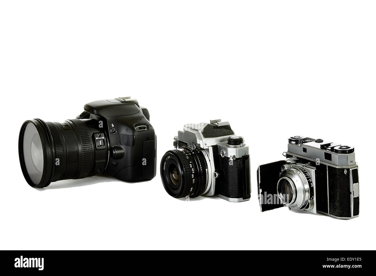 Drei Vertreter der Änderungen ab 35mm bis heutigen Tag 35mm-Kameras Stockfoto