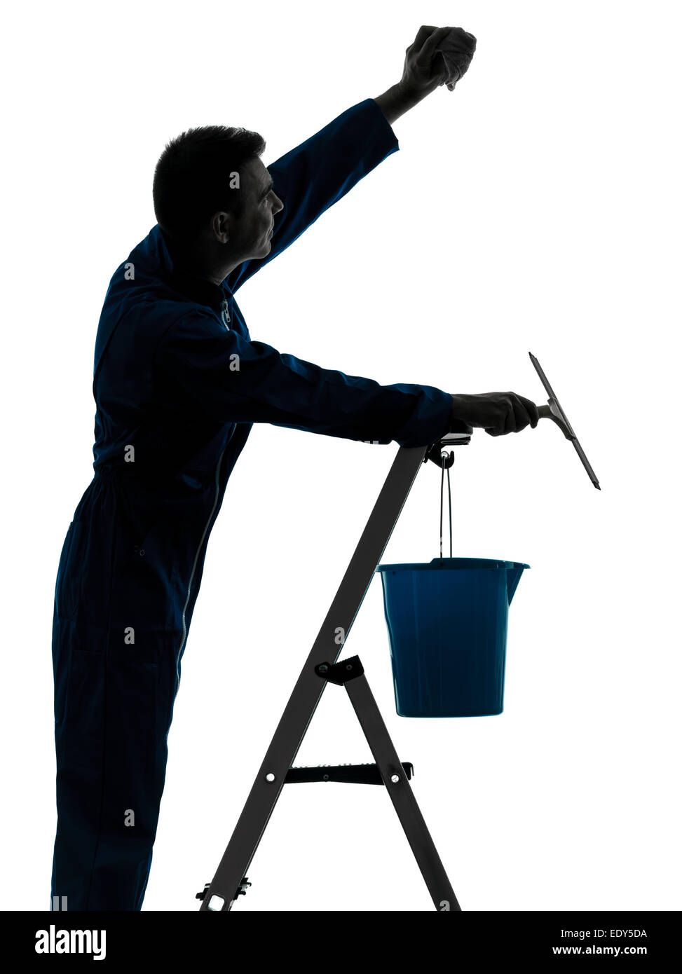 eines Mannes Haus Arbeiter Hausmeister Reinigung Fenster Reiniger Silhouette im Studio auf weißem Hintergrund Stockfoto