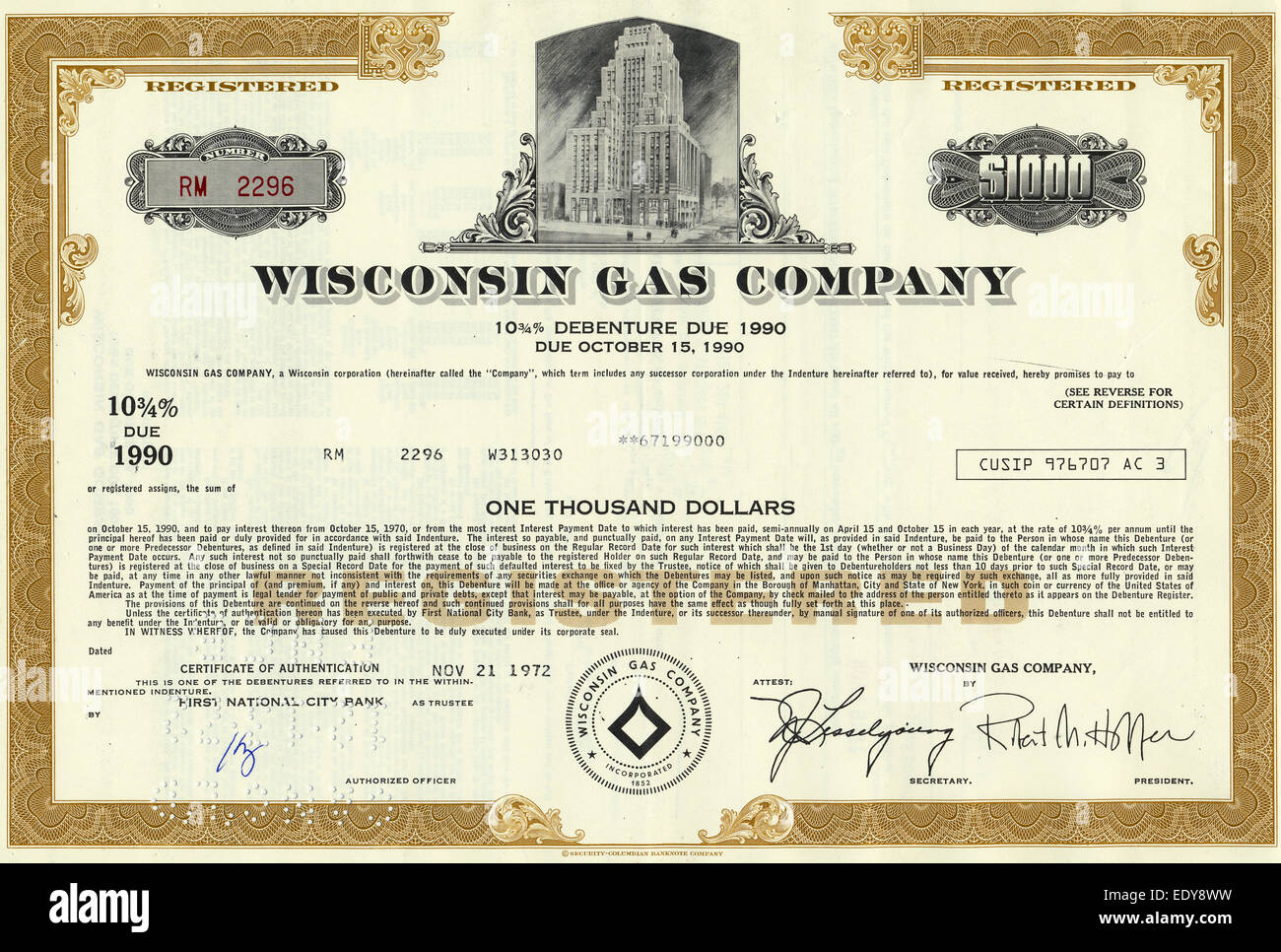 Historischen Aktienzertifikat, Strom und Erdgas-Unternehmen, Wisconsin Gas Company, 1000 Dollar, 1972, Wisconsin, USA Stockfoto