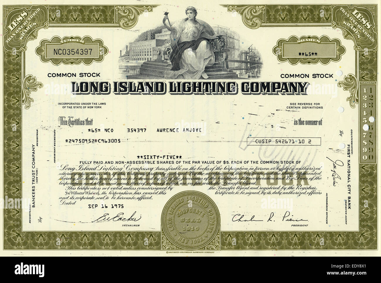 Historische Aktie Zertifikat, elektrischen Strom und Erdgas-Unternehmen, Long Island Lighting Company, 1975, New York, USA Stockfoto