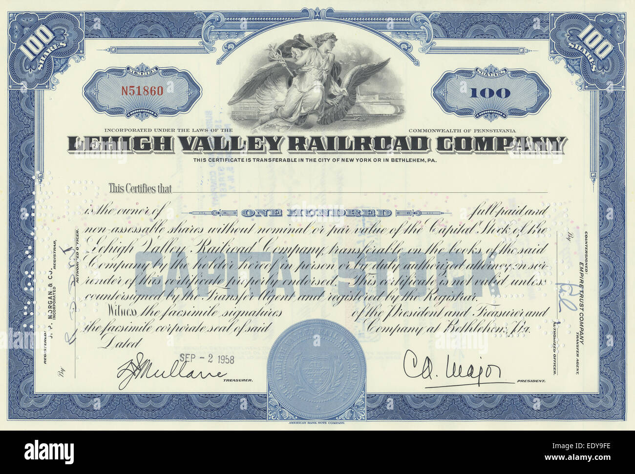 Historischen Aktienzertifikat, Lehigh Valley Railroad Company, 1958, Bethlehem, Pennsylvania, USA Stockfoto