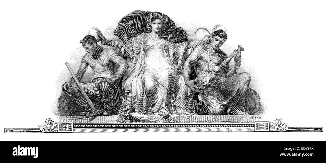 Stahlstich, allegorische Darstellung, historische Aktie, Detail, Lackawana Securities Company, 1927, Delaware, USA Stockfoto