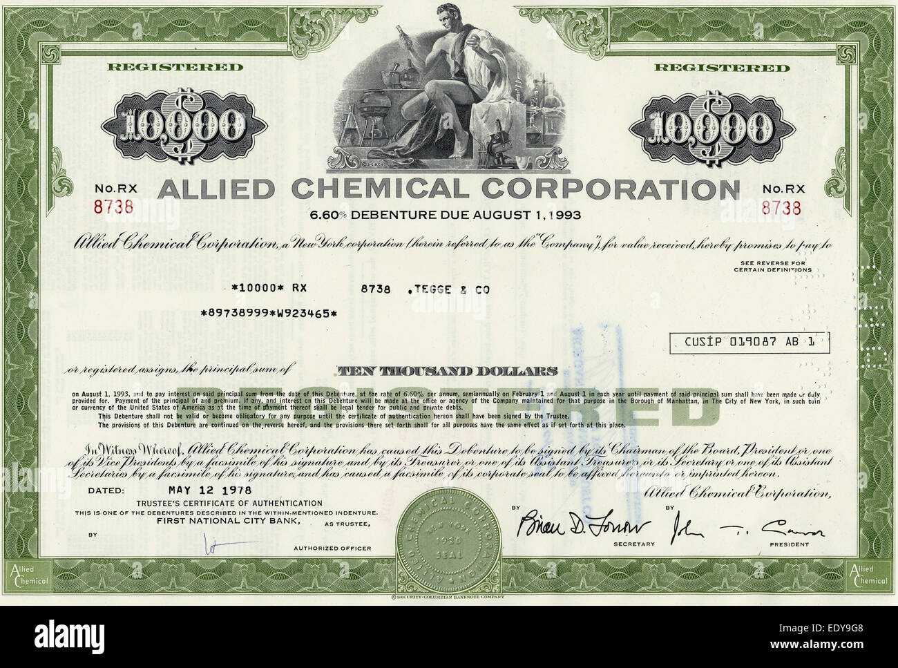 Historische Aktie Zertifikat, Allied Chemical Corporation, 1978, New York, USA Stockfoto