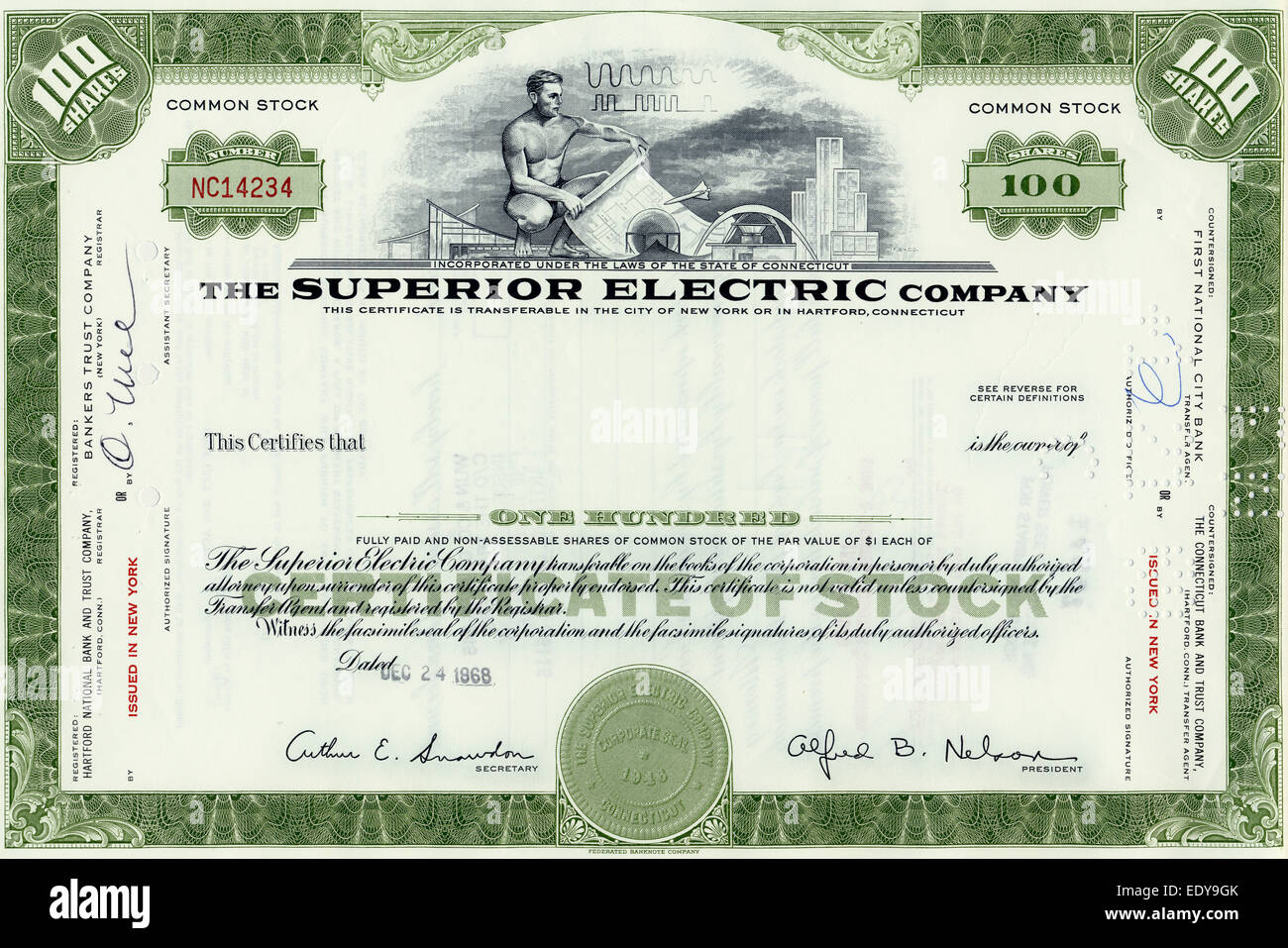 Historische Aktie Zertifikat, Historische Aktie, The Superior Electric Company, Connecticut, USA, 1968 Stockfoto