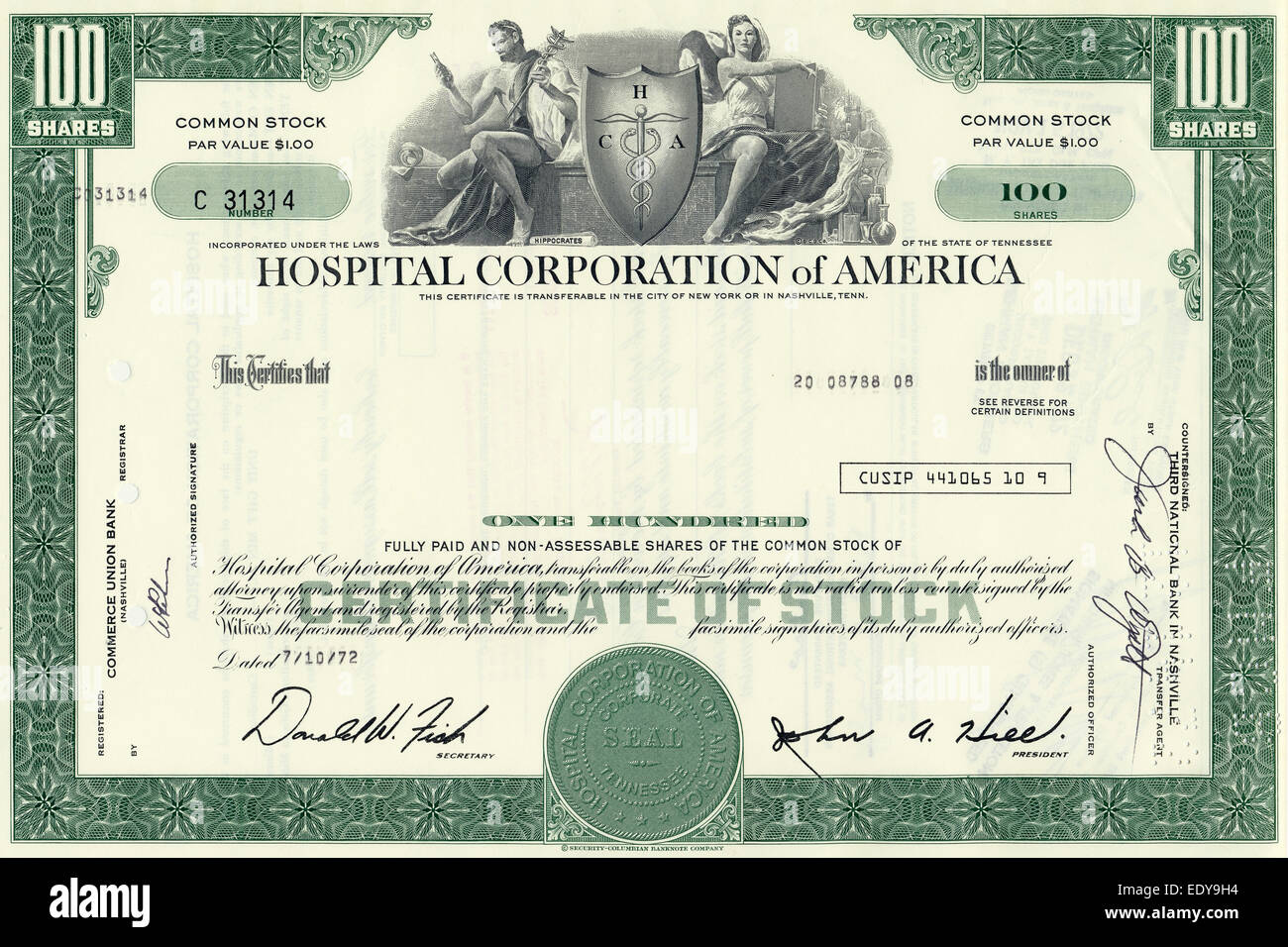Historischen Aktienzertifikat, Hospital Corporation of America, New York oder Nashville, Tennessee, USA, 1972 Stockfoto