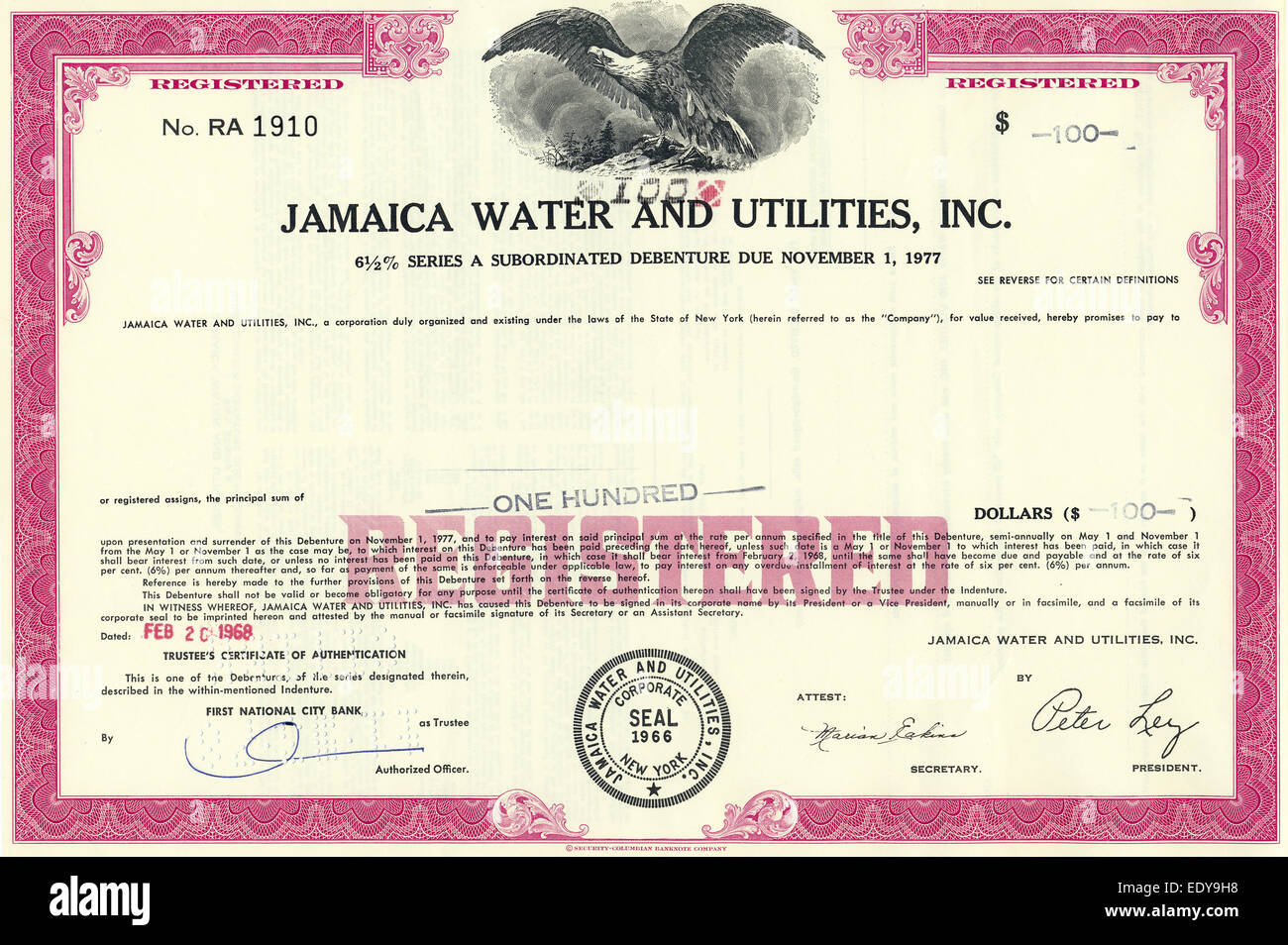 Historischen Aktienzertifikat, Jamaika Wasser und Dienstprogramme, INC, New York, USA, 1977 Stockfoto