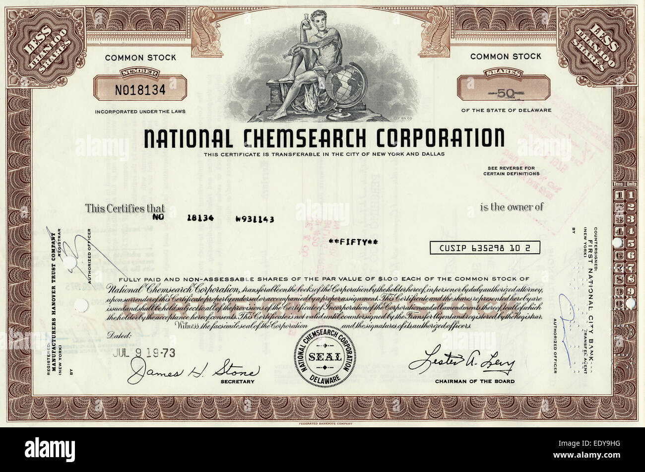 Historischen Aktienzertifikat, National Chemsearch Corporation, 1973, Delaware, USA Stockfoto