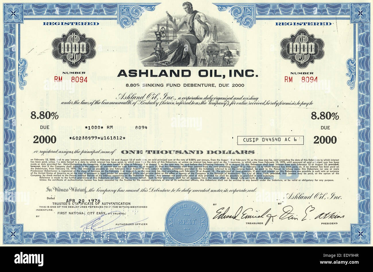 Historischen Aktienzertifikat, Ashland Oil INC., Kentucky, USA, 1978 Stockfoto