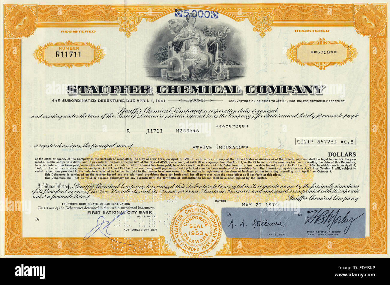 Historische Aktie Zertifikat, Stauffer Chemical Company, 1974, Delaware, USA Stockfoto