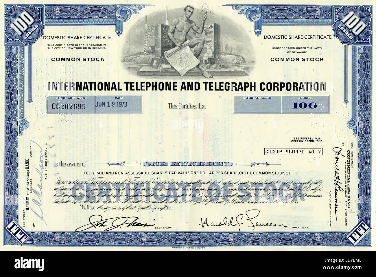 Historischen Aktienzertifikat, International Telephone und Telegraph Corporation, Delaware, USA, 1973 Stockfoto