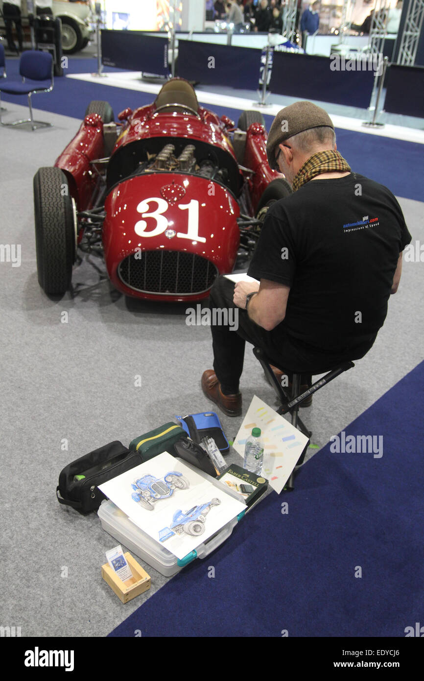 London, UK - 11. Januar 2015. Ein Künstler von einem 1955 Lancia D50A Formel eins gesehen, einer von fünf gebaut von Originalplänen von Anthony Maclean bei der konstituierenden Classic Car Show, die in London abgehalten wurde ein Excel-Center. Bildnachweis: David Mbiyu / Alamy Live News Stockfoto