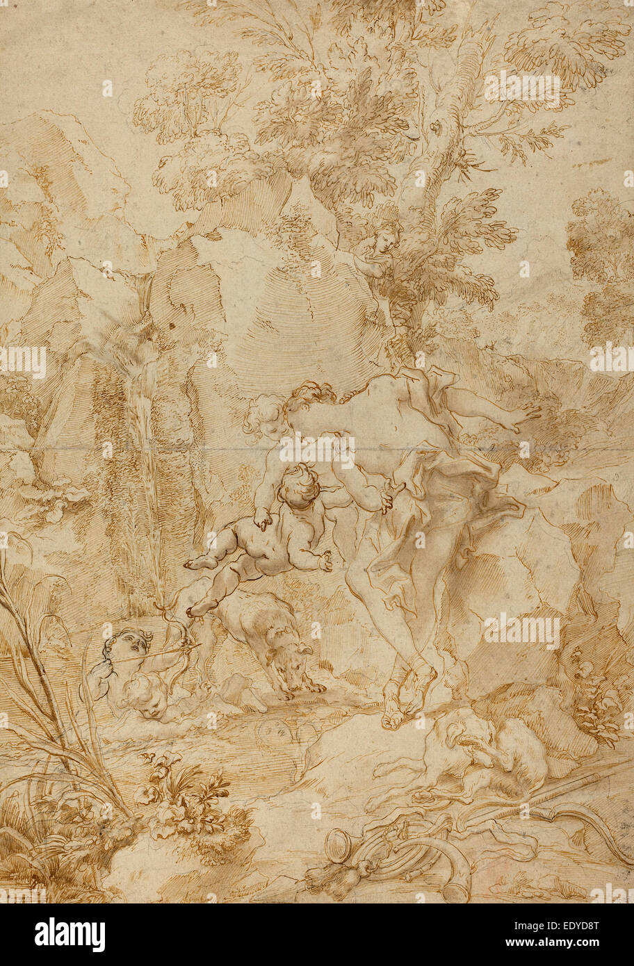 Gregorio de Ferrari (Italienisch, 1644-1726), Echo und Narziss, Stift und Bister und braun waschen über schwarzer Kreide Stockfoto