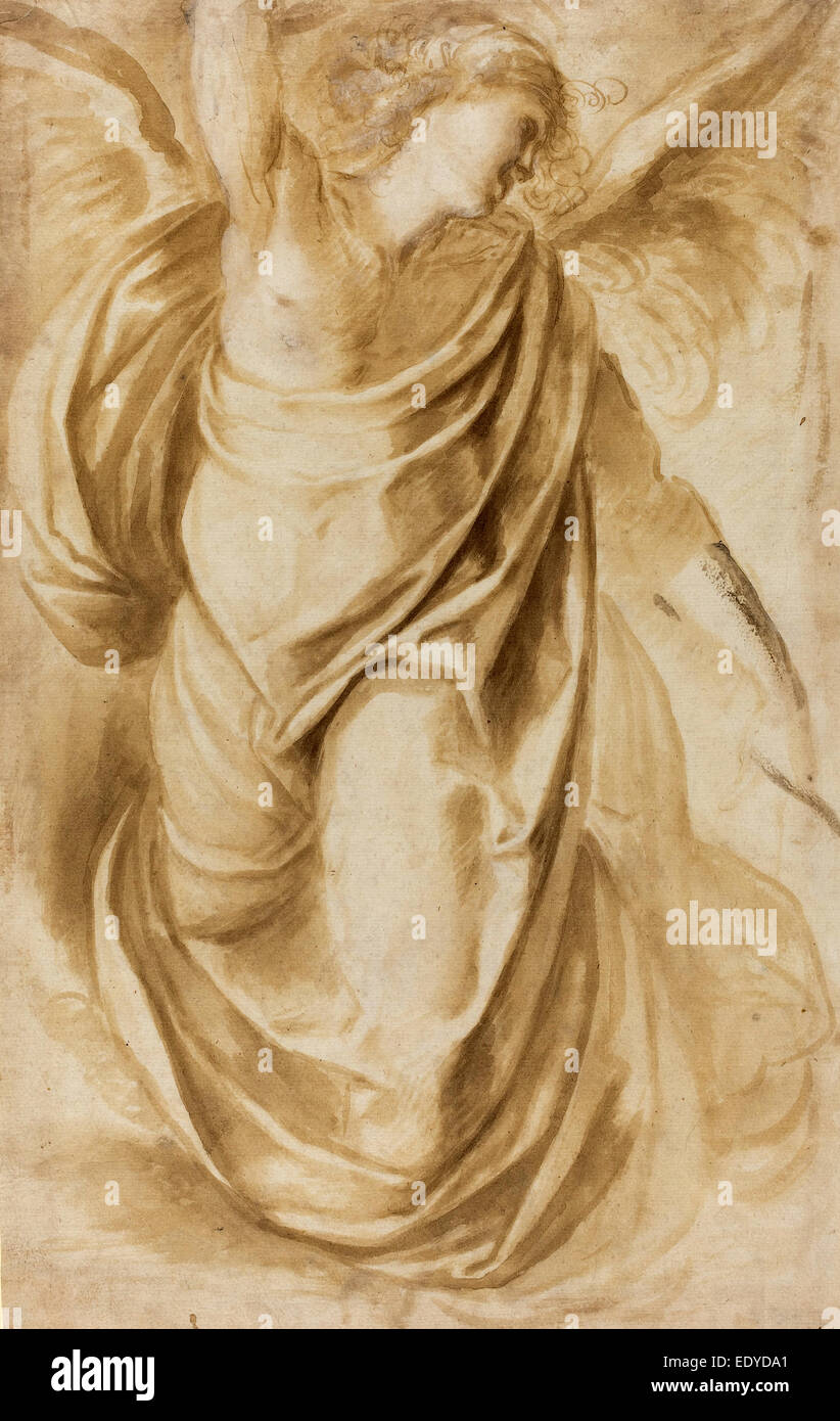 Italienisch-17. Jahrhundert, An Angel, c. 1600, Pinsel und Bister, verstärkt mit weißen, auf Bütten Stockfoto