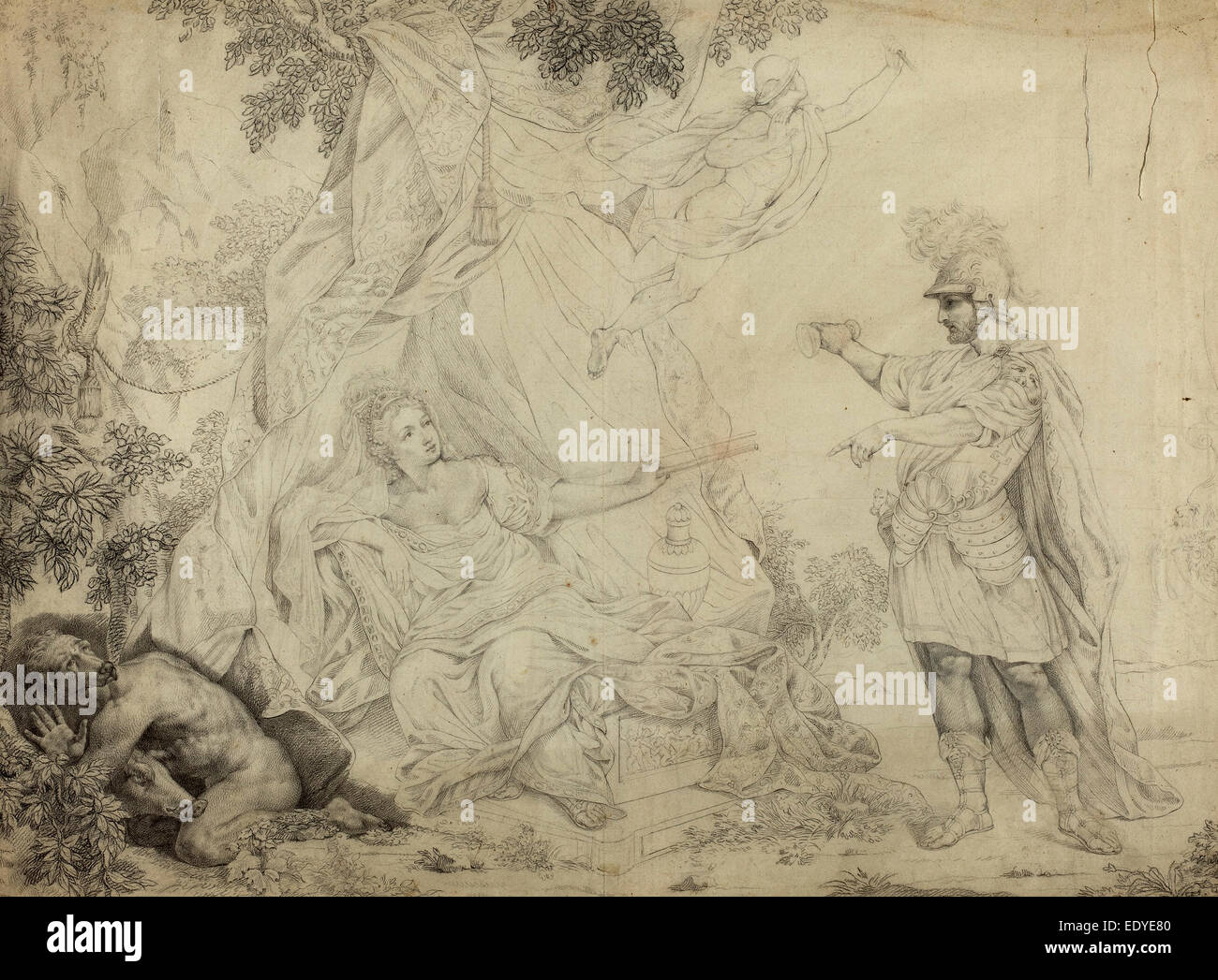 Französisch waschen 19. Jahrhundert, Circe und Ulysses, Feder und braune Tinte mit grauen auf Bütten Stockfoto