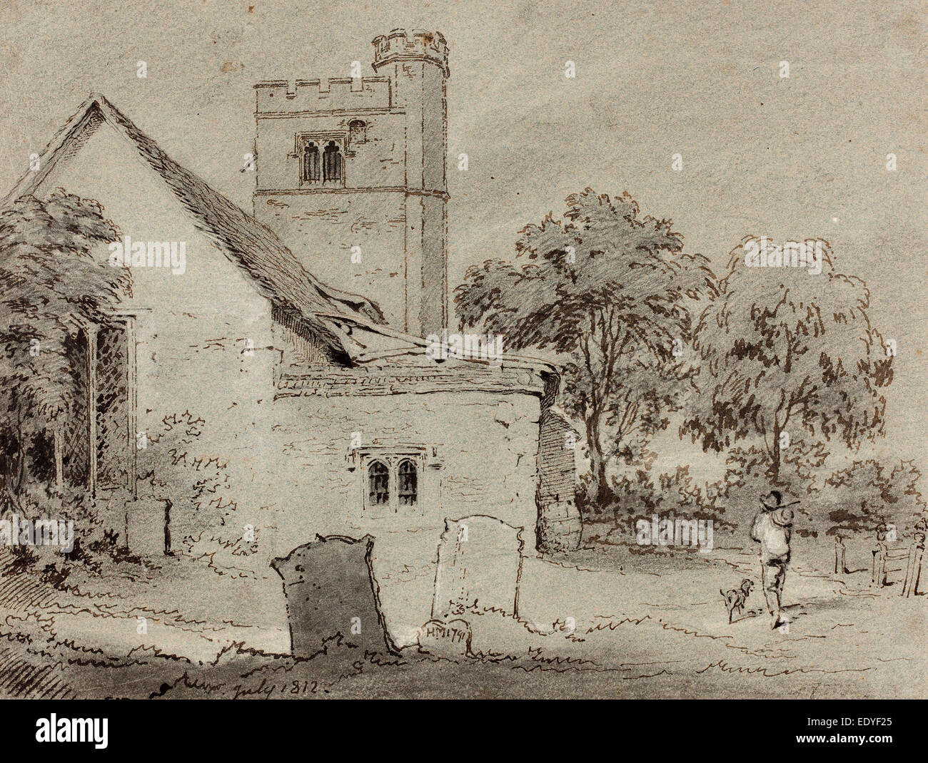 Henry Monro (British, 1791-1814), Aldenham Kirche, Hertfordshire, 1812, Stift und Bister mit schwarzer Kreide Stockfoto