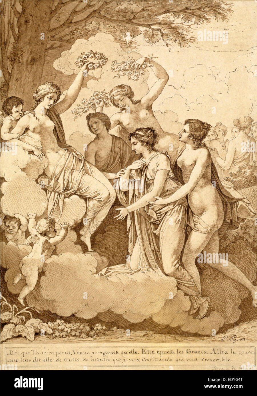 Jean François Pierre Peyron, Venus und Gnaden Krönung Thémire, Französisch, 1744-1814, 1795-1796, Stift und Tinte schwarz und braun Stockfoto