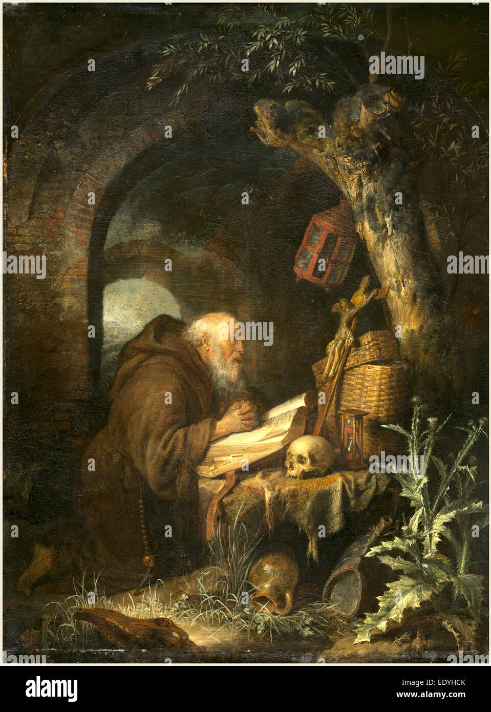 Gerrit Dou, Niederländisch (1613-1675), der Eremit, 1670, Öl auf Platte Stockfoto