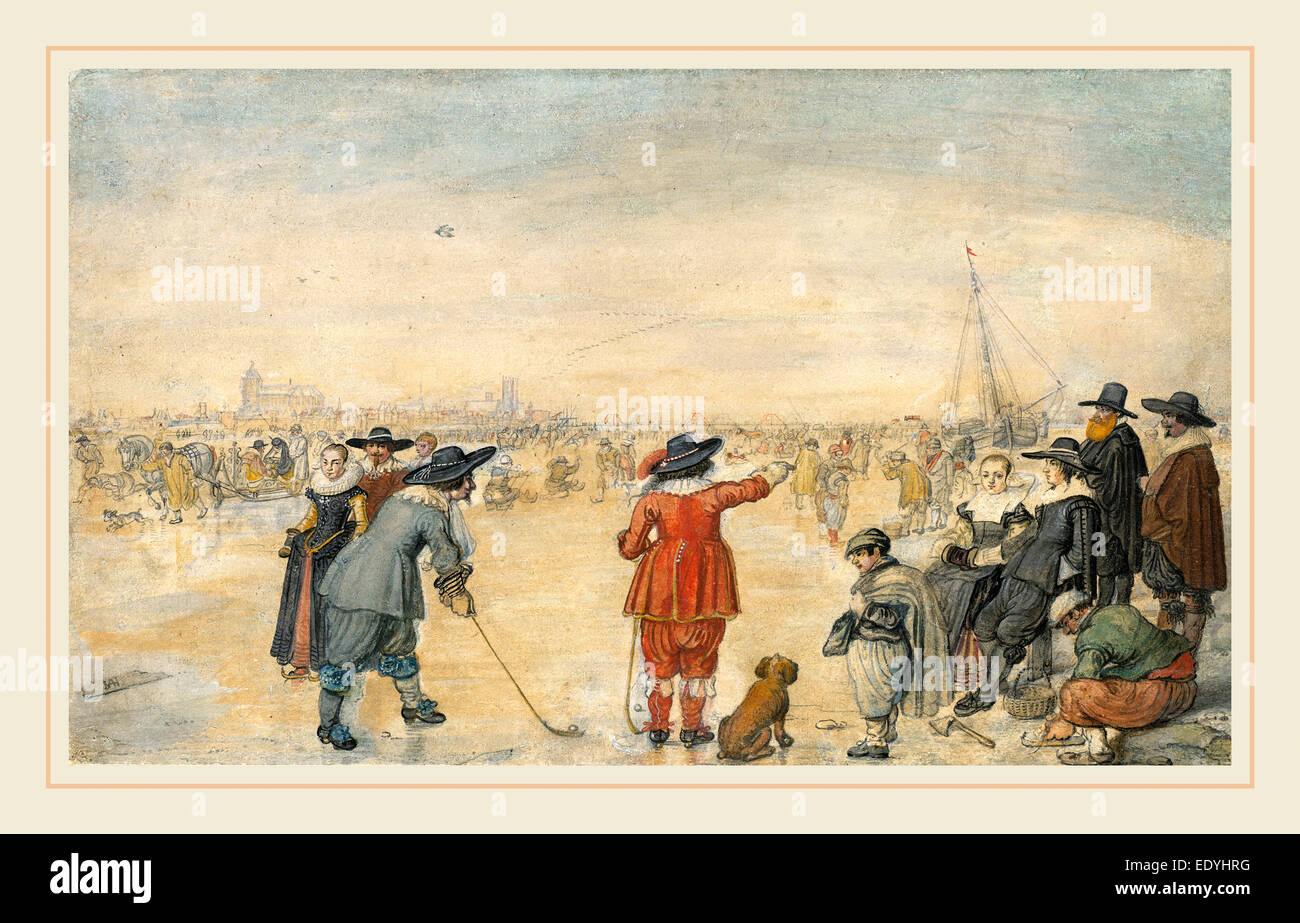 Hendrick Avercamp, Niederländisch (1585-1634), Winter-Spiele auf den gefrorenen Fluss Ijssel c. 1626, Stift und schwarz und grau Tinte Stockfoto