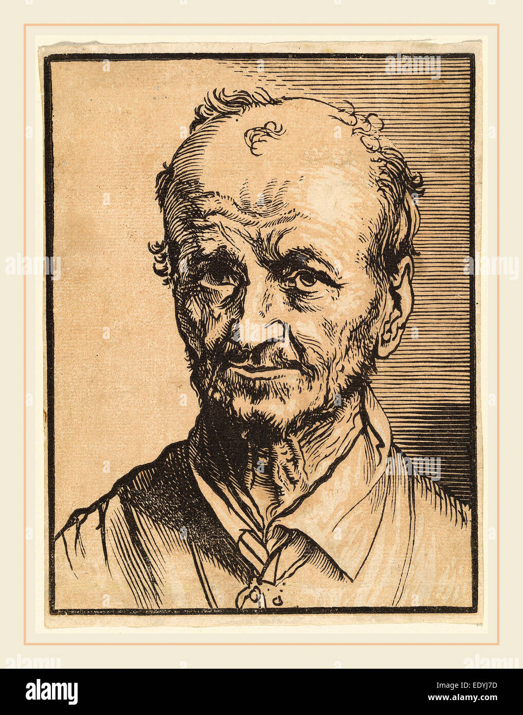 Jan Lievens, Büste einer Glatze Mann, Holländisch, 1607-1674, hell-dunkel Holzschnitt mit leichten Braunton block Stockfoto