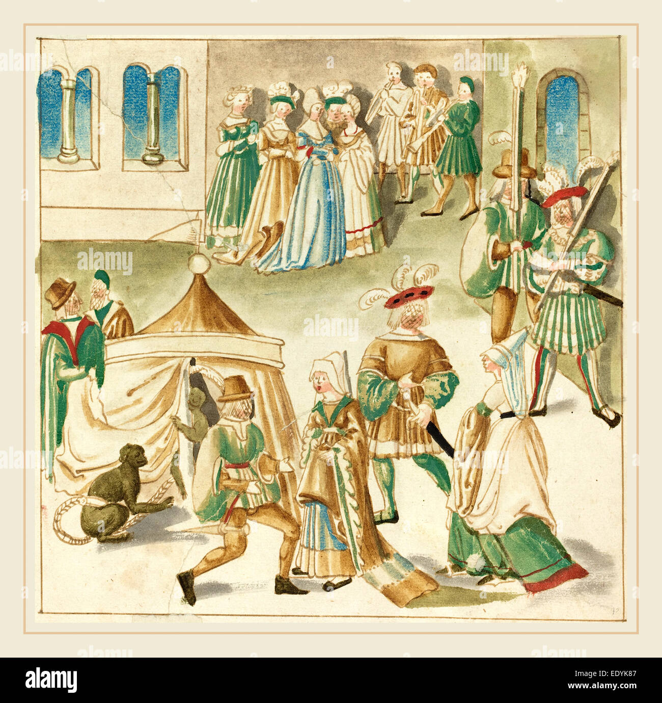 Deutsche 16. Jahrhundert Court Vergnügungen mit zwei Affen, c. 1515, Stift und Bister mit Aquarell auf Bütten Stockfoto