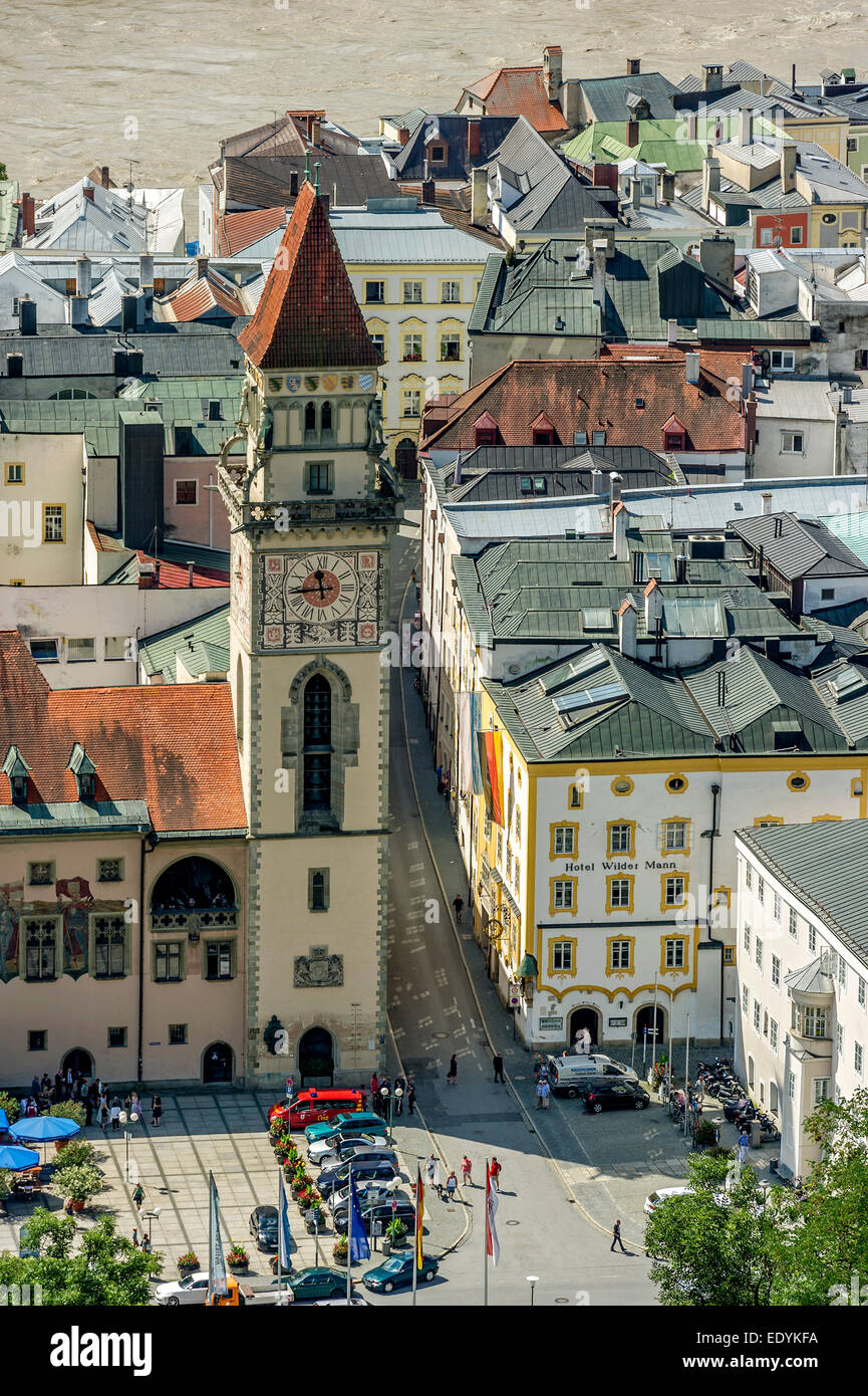 Rathaus und Turm Halle, Hotel Wilder Mann, Altstadt, Passau, untere Bayern, Bayern, Deutschland Stockfoto