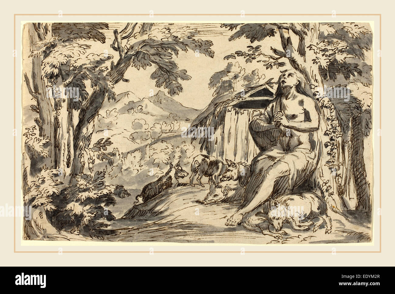 nach Pietro Testa, der verlorene Sohn, waschen 18. Jahrhundert, Stift und Bister mit grauen auf Bütten Stockfoto