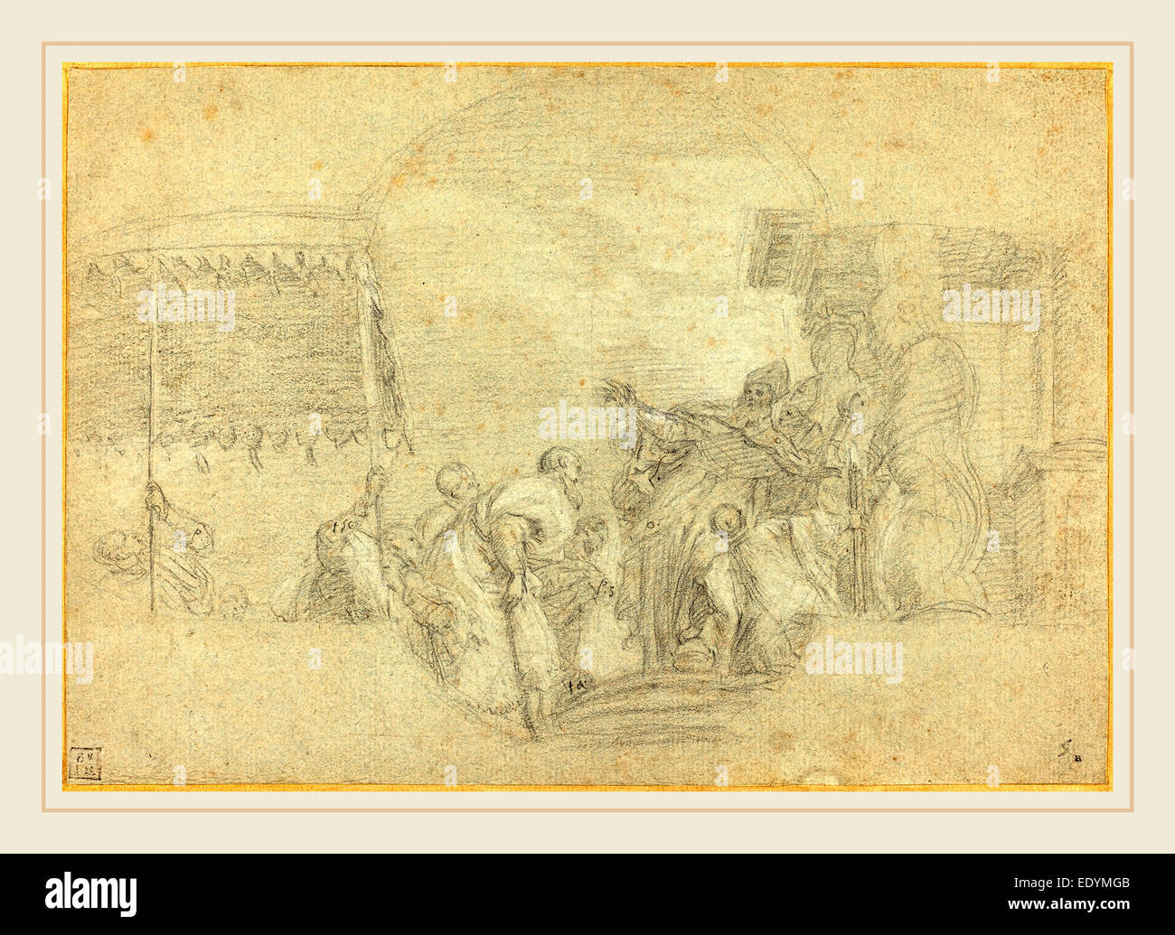 Sebastiano Conca, Italienisch (1680-1764), A Bischof Segen eines Königs, schwarze Kreide, verstärkt mit weiß auf blauem Bütten Stockfoto