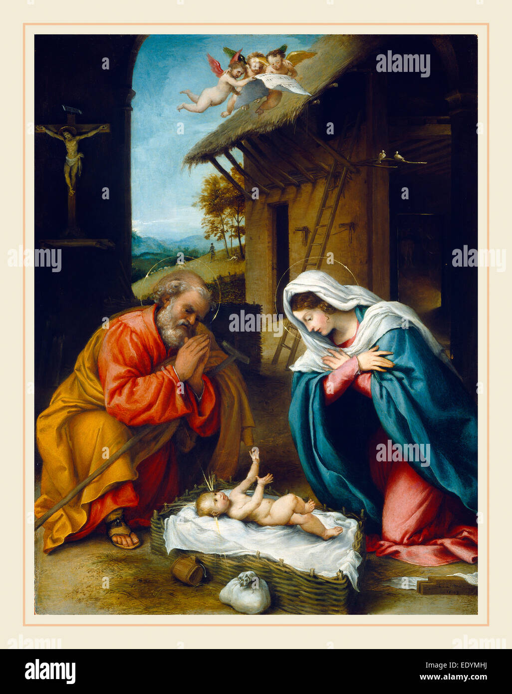 Lorenzo Lotto, Italienisch (c. 1480-1556-1557), die Geburt Christi, Öl 1523 auf panel Stockfoto