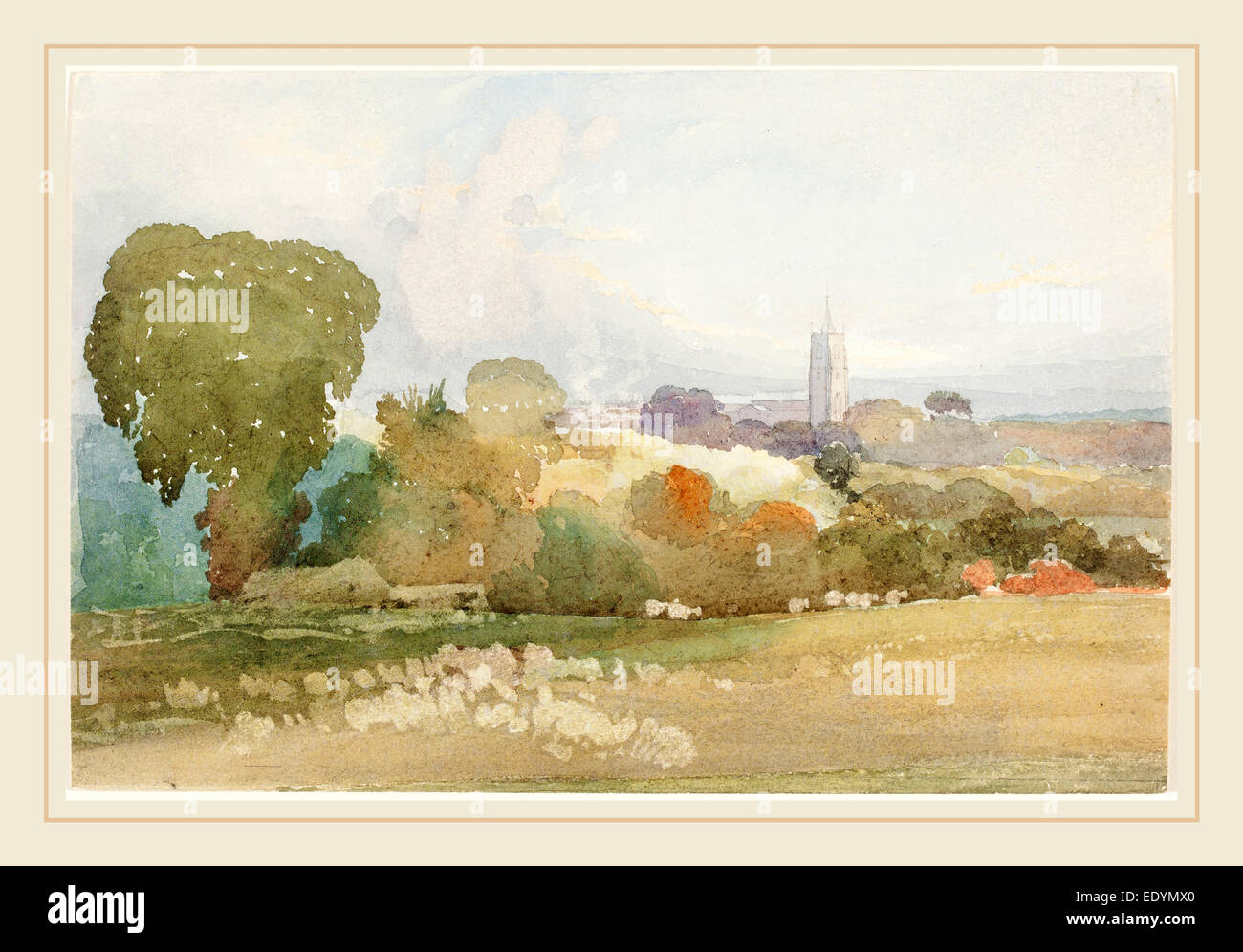 James Bulwer, Brite/Britin (1794 – 1879), Landschaft mit Kirche Kirchturm, 1828, Aquarell und Graphit Stockfoto