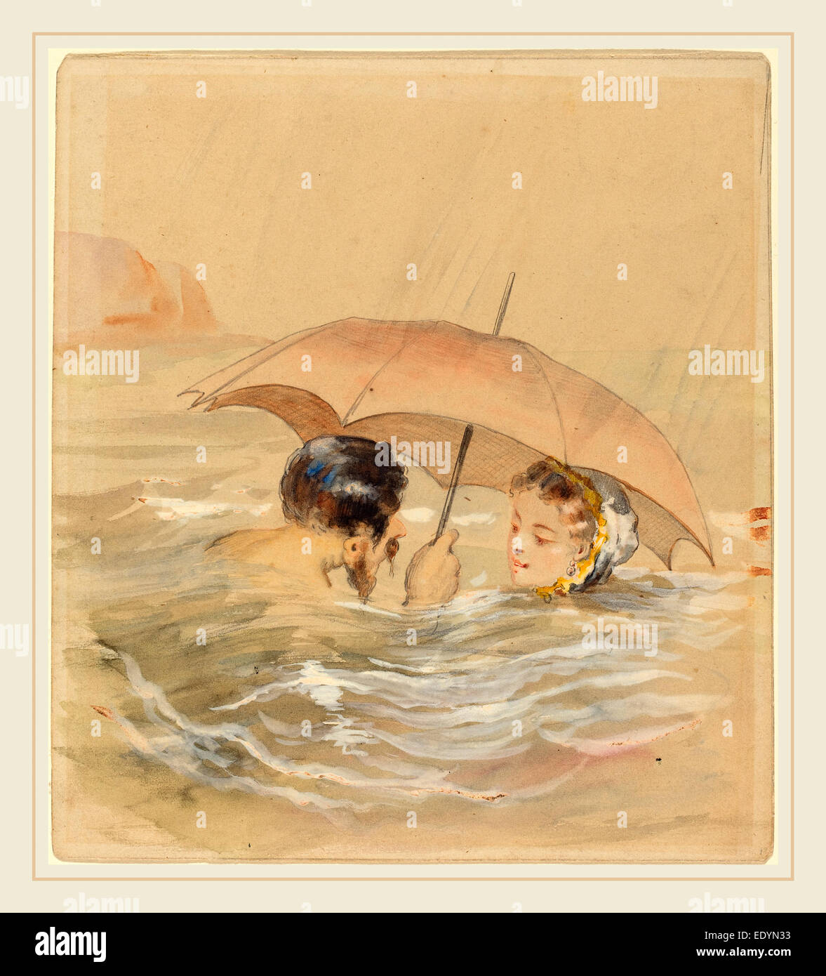 Alfred Grévin, Französisch (1827-1892), männliche und weibliche Badegäste mit Regenschirm, Aquarell und Gouache über Graphit Stockfoto