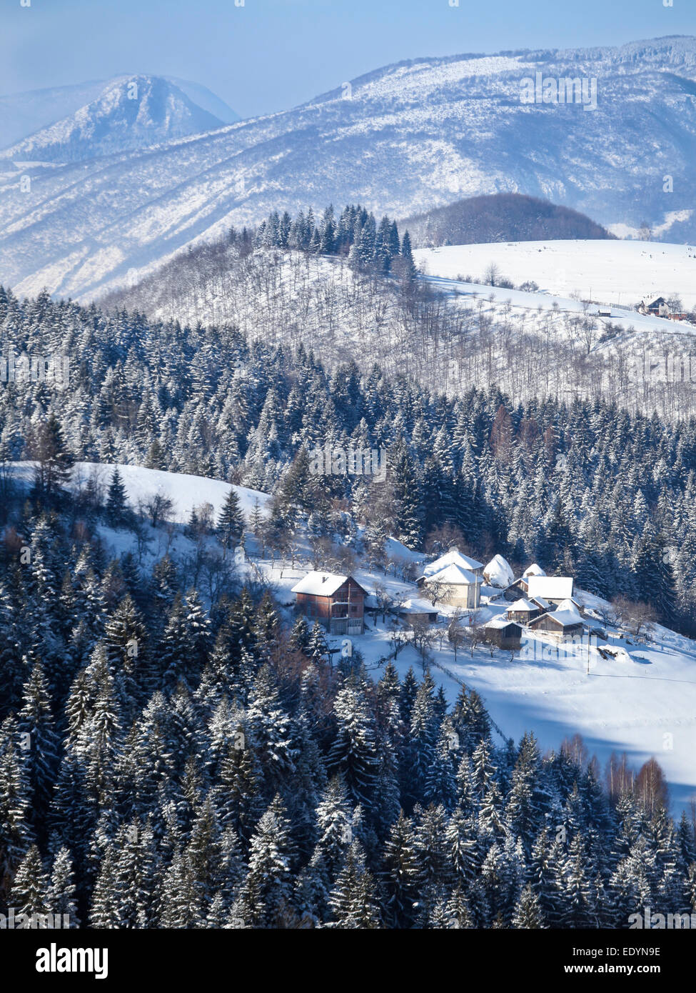Bauernhof im Winter am Berg Zlatar, Serbien Stockfoto